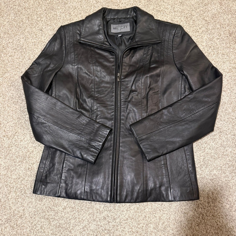 Bromley Womens Black Leather Zip Front Jacket Size L Pointed Collar Lined